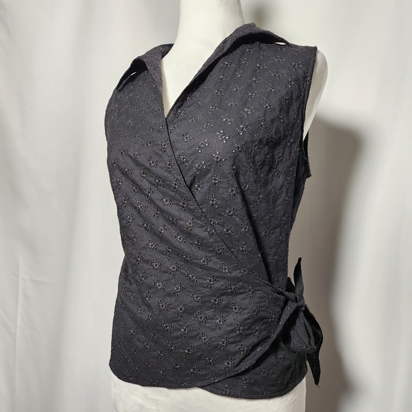 Raplh Lauren 100% Cotton Romantic Black Collared Floral Eyelet Wrap Top L - Picture 1 of 11